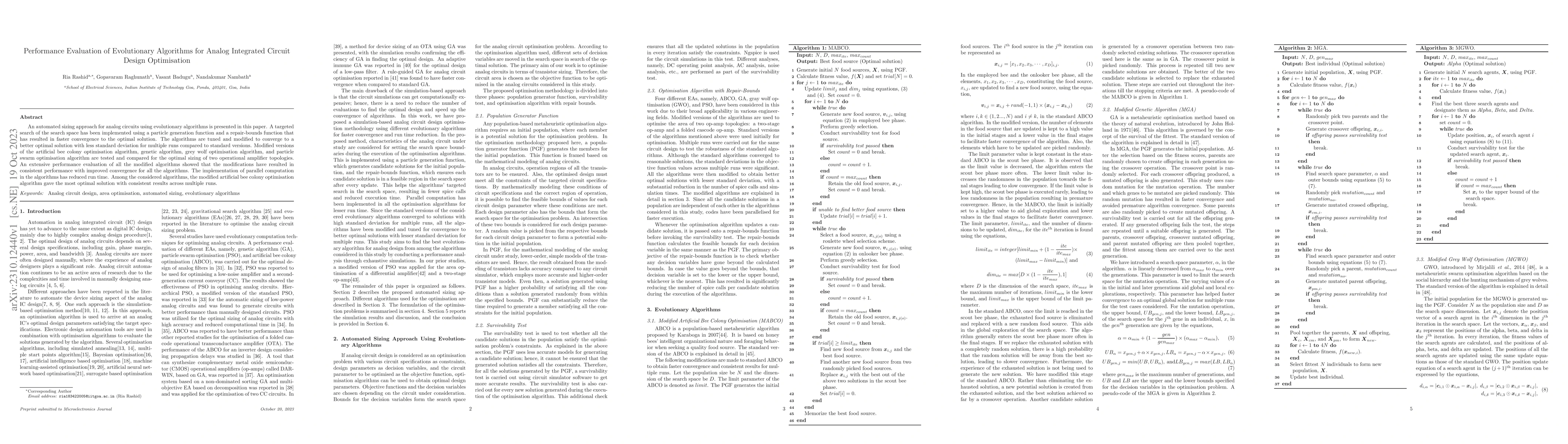 Thumbnail for Performance Evaluation of Evolutionary Algorithms for Analog Integrated
  Circuit Design Optimisation