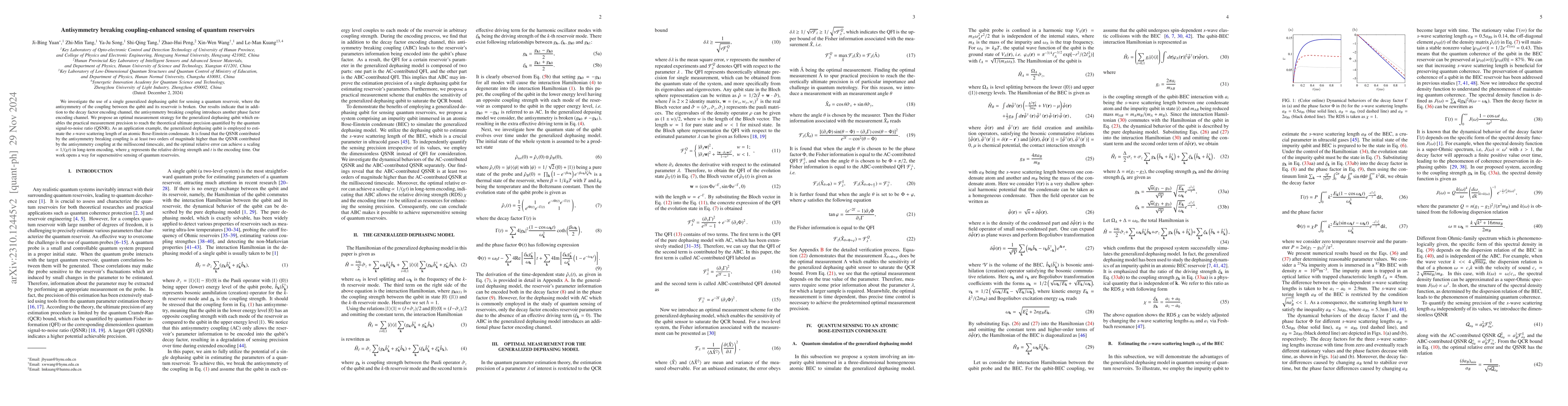 Thumbnail for Supersensitive sensing of quantum reservoirs via breaking antisymmetric
  coupling