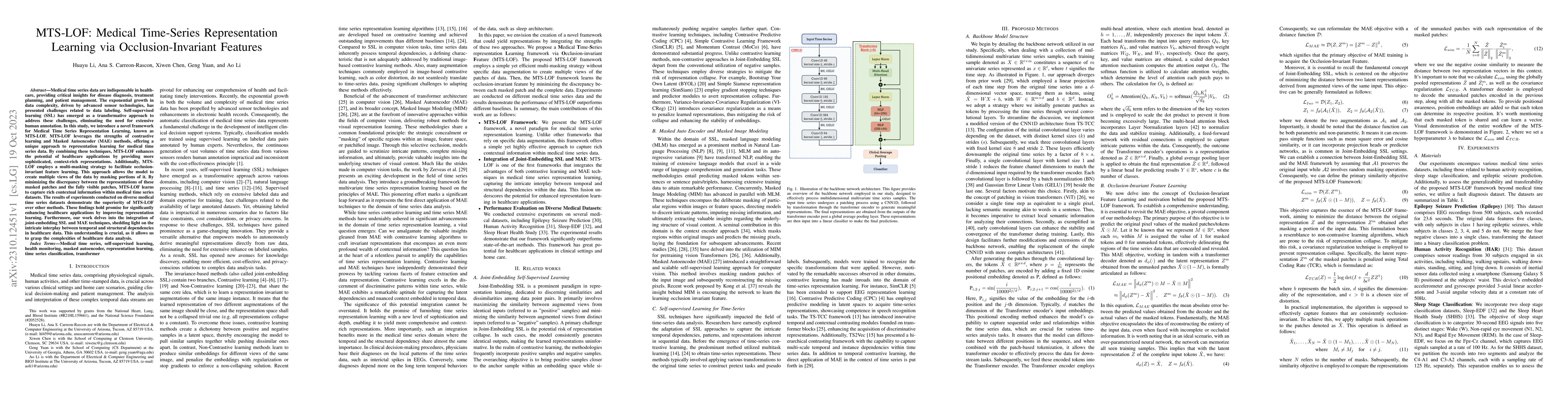Thumbnail for MTS-LOF: Medical Time-Series Representation Learning via
  Occlusion-Invariant Features