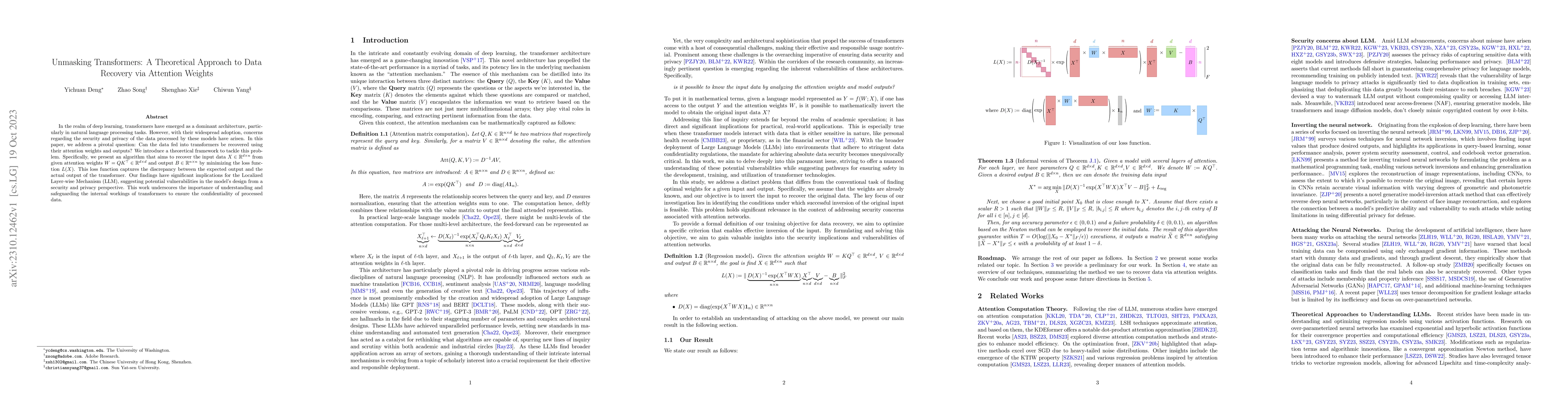 Thumbnail for Unmasking Transformers: A Theoretical Approach to Data Recovery via
  Attention Weights