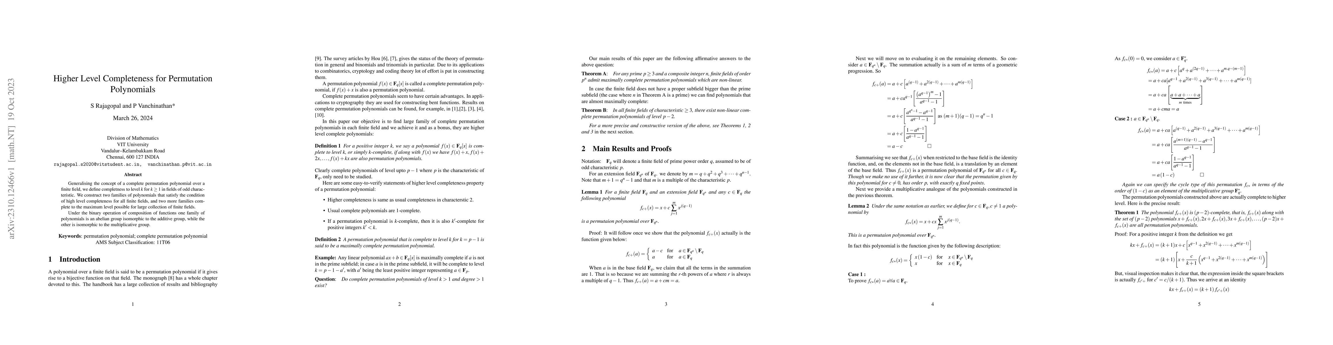 Thumbnail for Higher Level Completeness for Permutation Polynomials