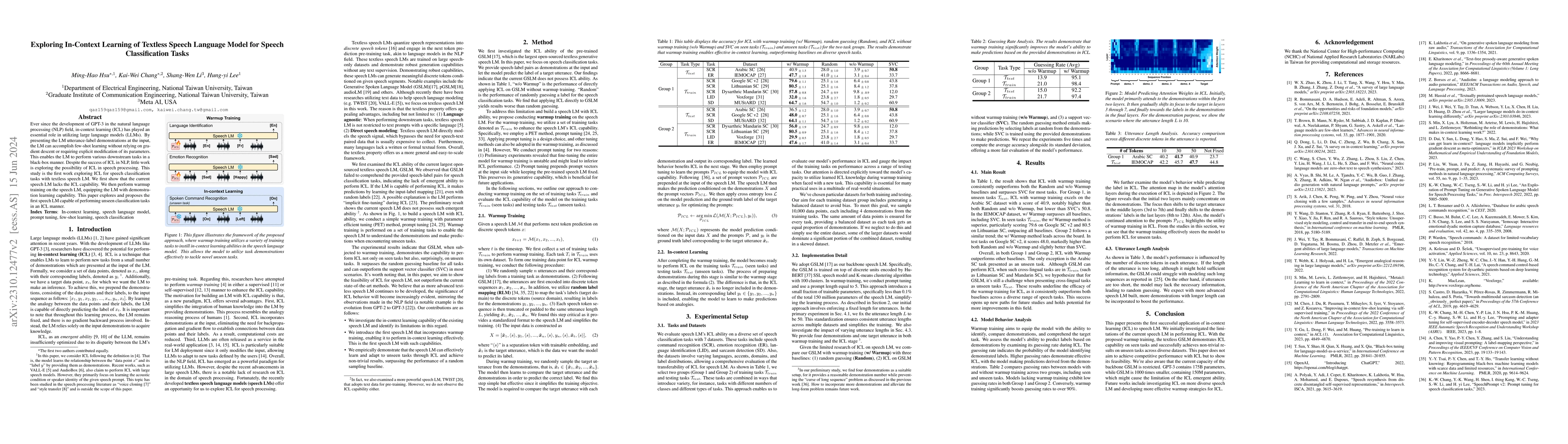 Thumbnail for Exploring In-Context Learning of Textless Speech Language Model for
  Speech Classification Tasks