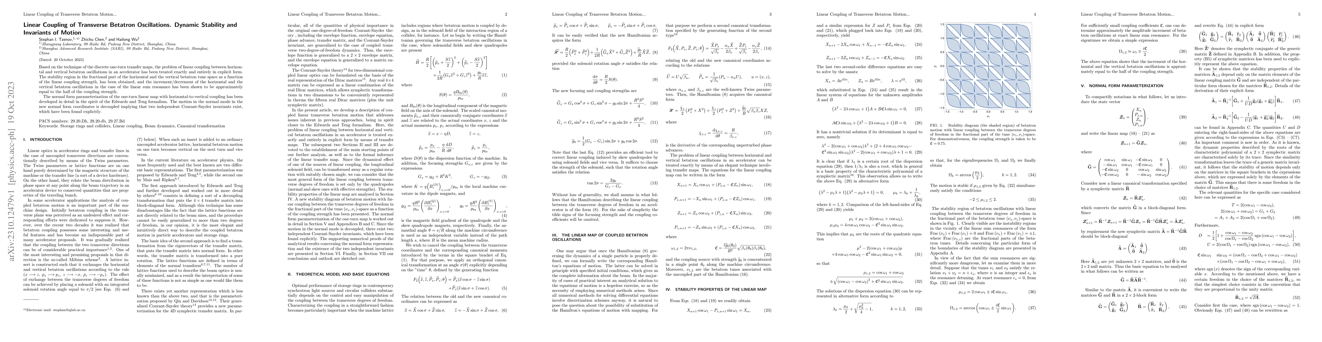 Thumbnail for Linear Coupling of Transverse Betatron Oscillations. Dynamic Stability
  and Invariants of Motion