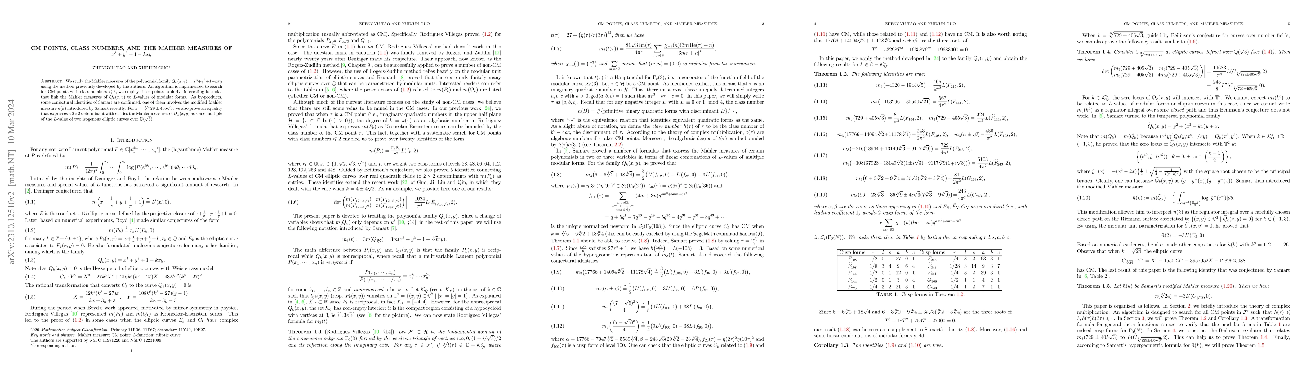 Thumbnail for CM points, class numbers, and the Mahler measures of $x^3+y^3+1-kxy$