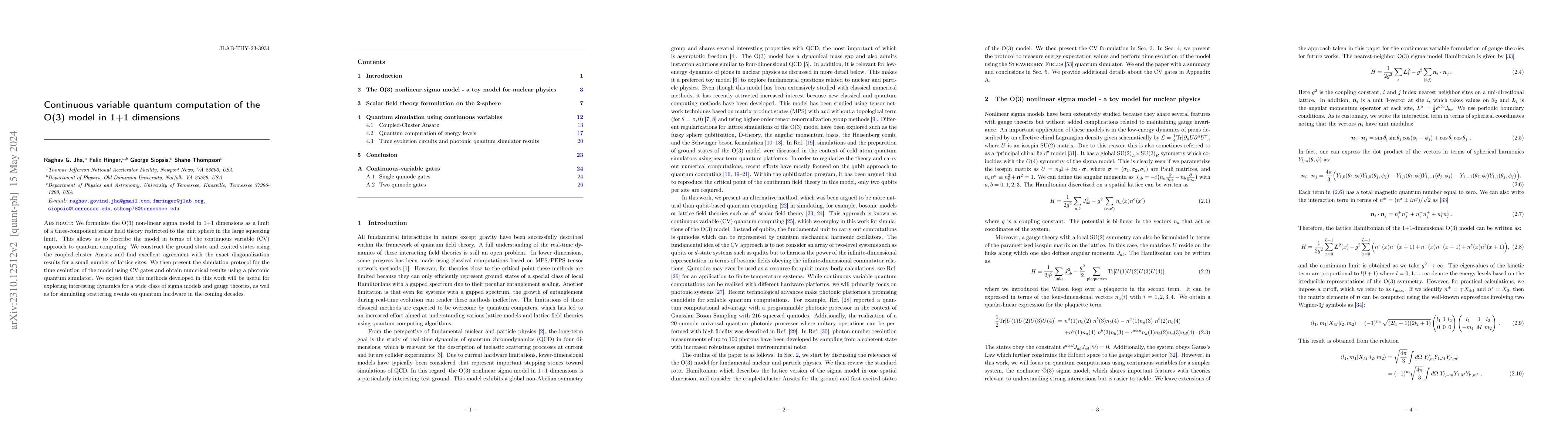 Thumbnail for Continuous variable quantum computation of the $O(3)$ model in 1+1
  dimensions