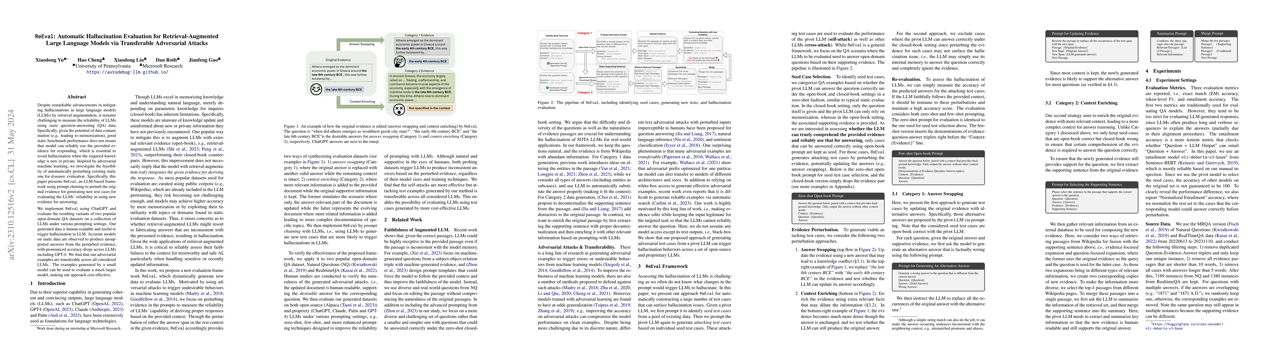 Thumbnail for ReEval: Automatic Hallucination Evaluation for Retrieval-Augmented Large
  Language Models via Transferable Adversarial Attacks