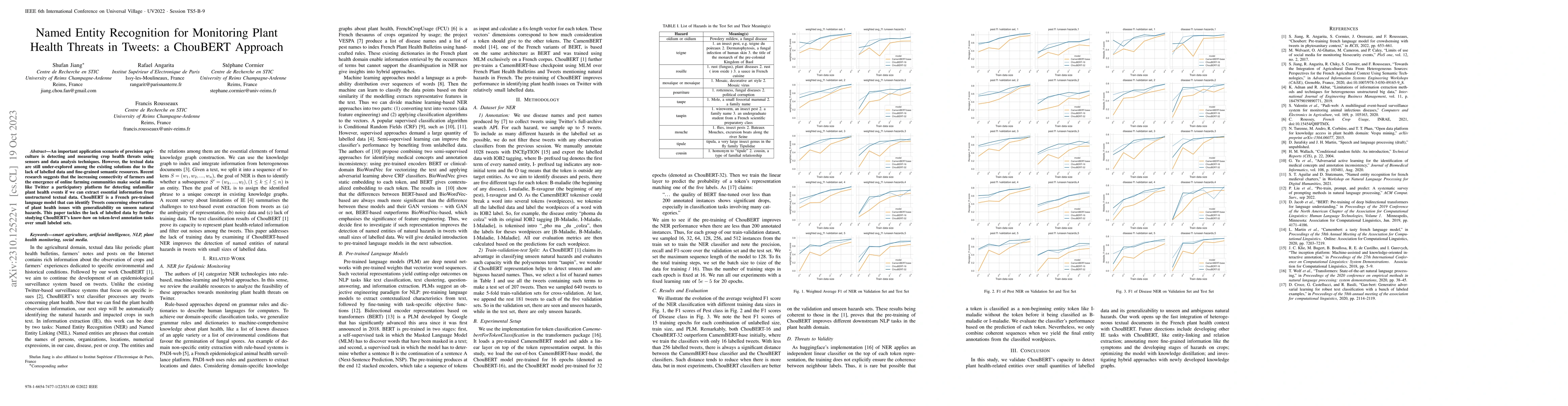 Thumbnail for Named Entity Recognition for Monitoring Plant Health Threats in Tweets:
  a ChouBERT Approach