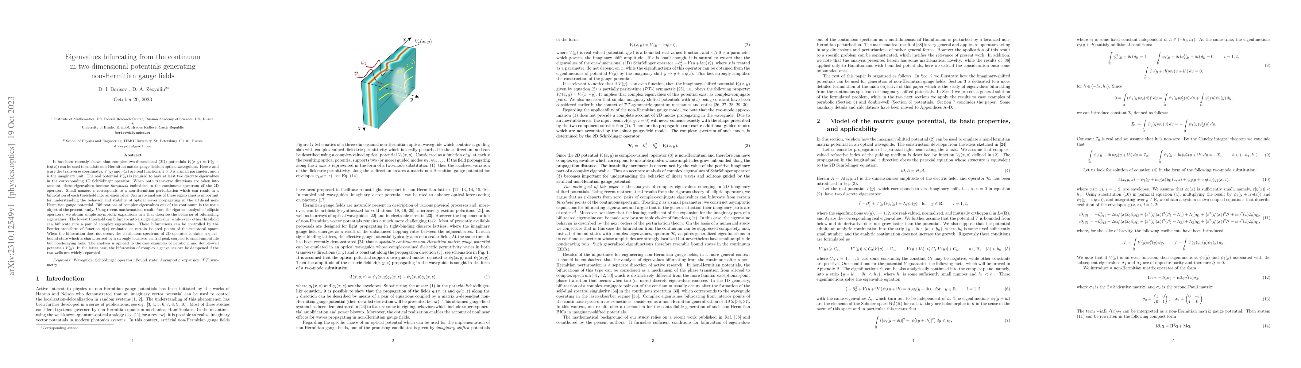 Thumbnail for Eigenvalues bifurcating from the continuum in two-dimensional potentials
  generating non-Hermitian gauge fields