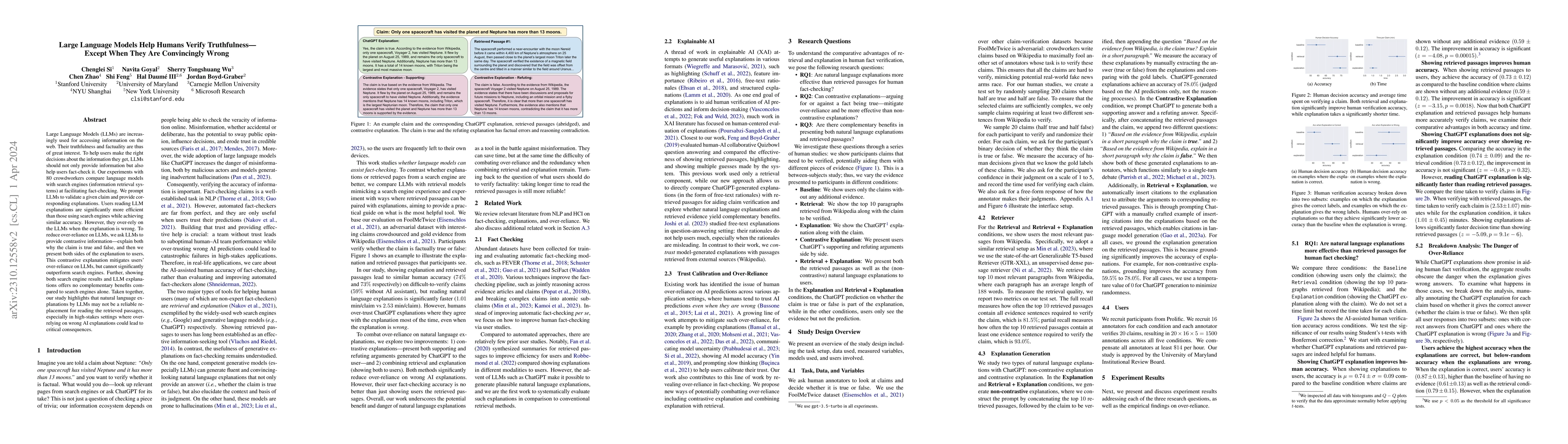 Thumbnail for Large Language Models Help Humans Verify Truthfulness -- Except When
  They Are Convincingly Wrong