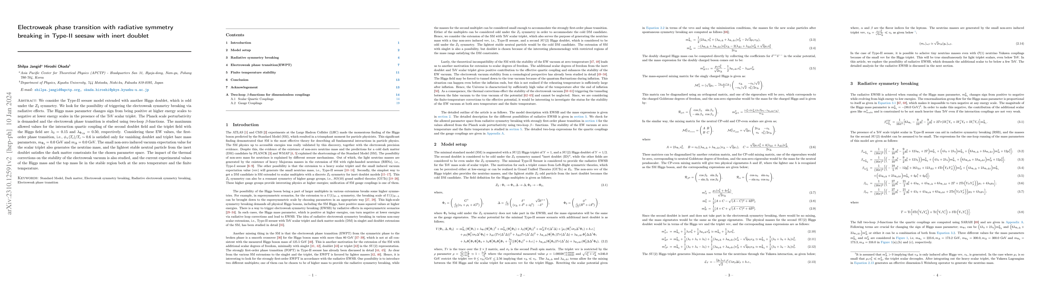 Thumbnail for Electroweak phase transition with radiative symmetry breaking in Type-II
  seesaw with inert doublet
