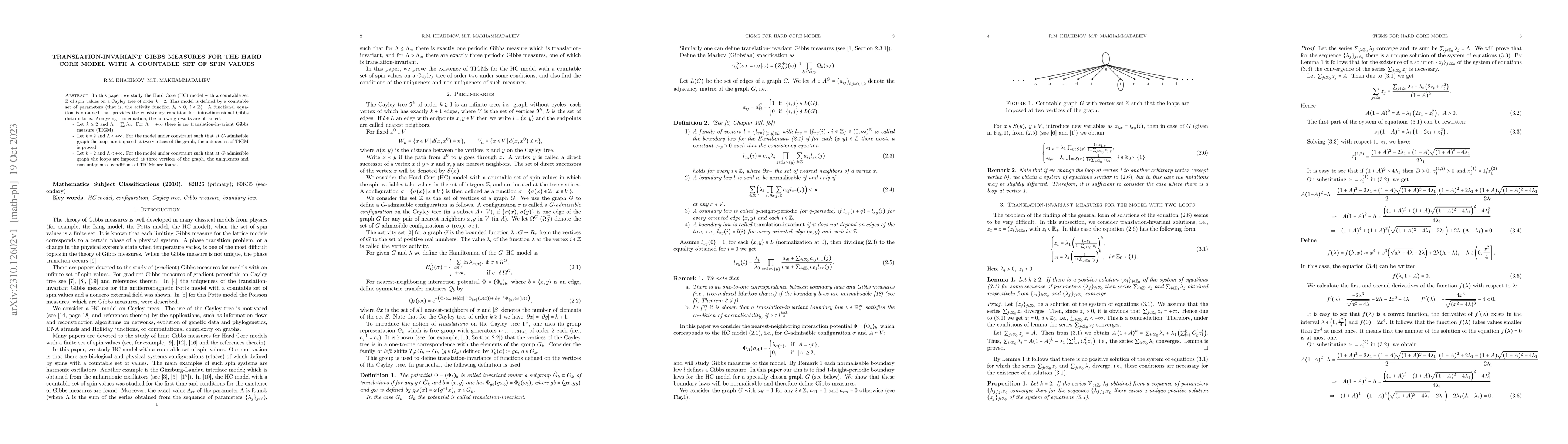 Thumbnail for Tranlation-invariant Gibbs measures for the Hard-Core model with a
  countable set of spin values