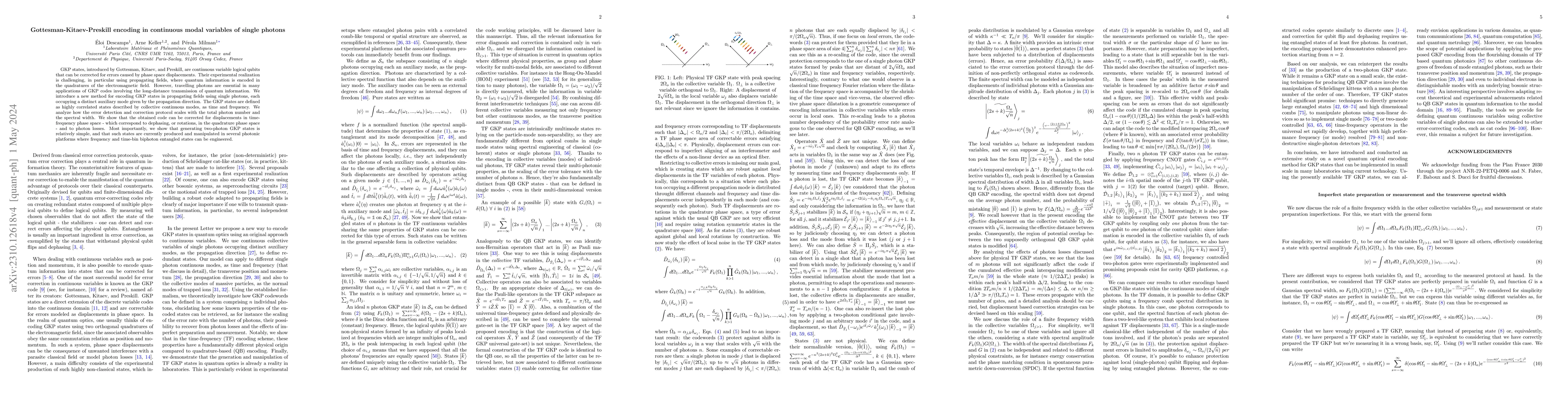 Thumbnail for Gottesman-Kitaev-Preskill encoding in continuous modal variables of
  single photons
