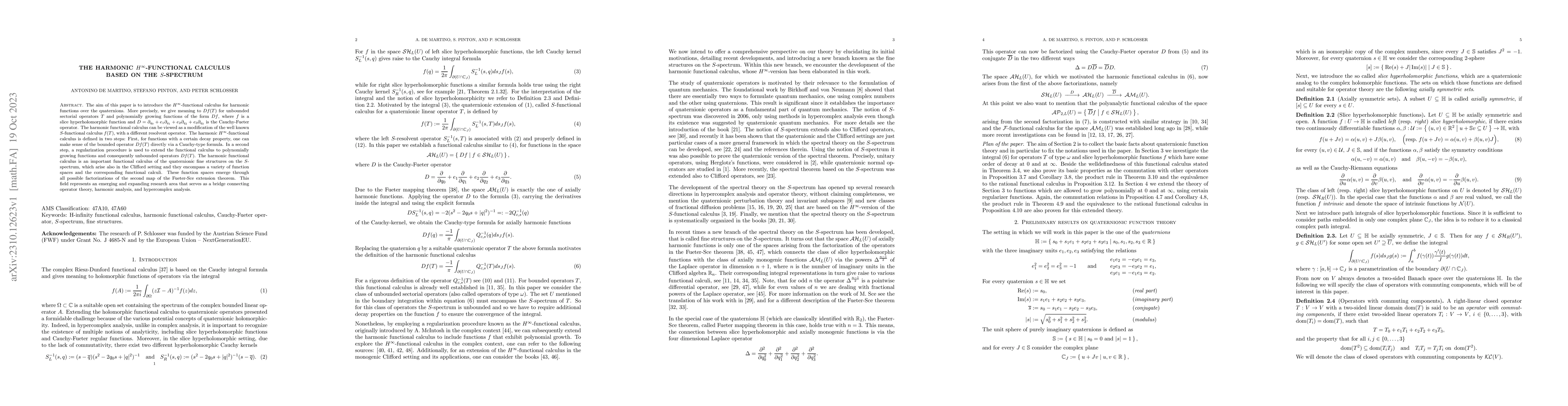 Thumbnail for The harmonic $H^\infty$-functional calculus based on the S-spectrum