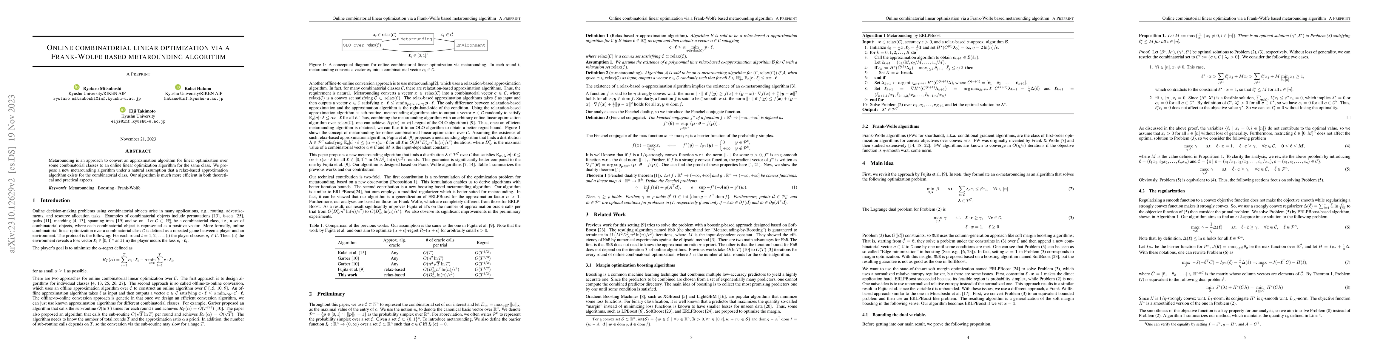 Thumbnail for Online Combinatorial Linear Optimization via a Frank-Wolfe-based
  Metarounding Algorithm