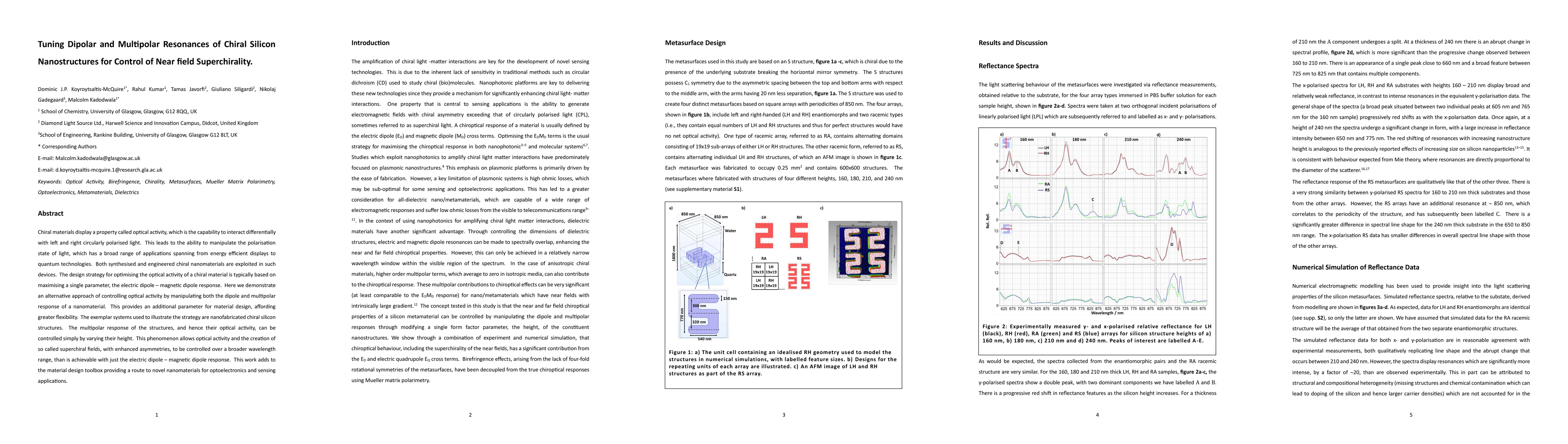 Thumbnail for Tuning Dipolar and Multipolar Resonances of Chiral Silicon
  Nanostructures for Control of Near field Superchirality
