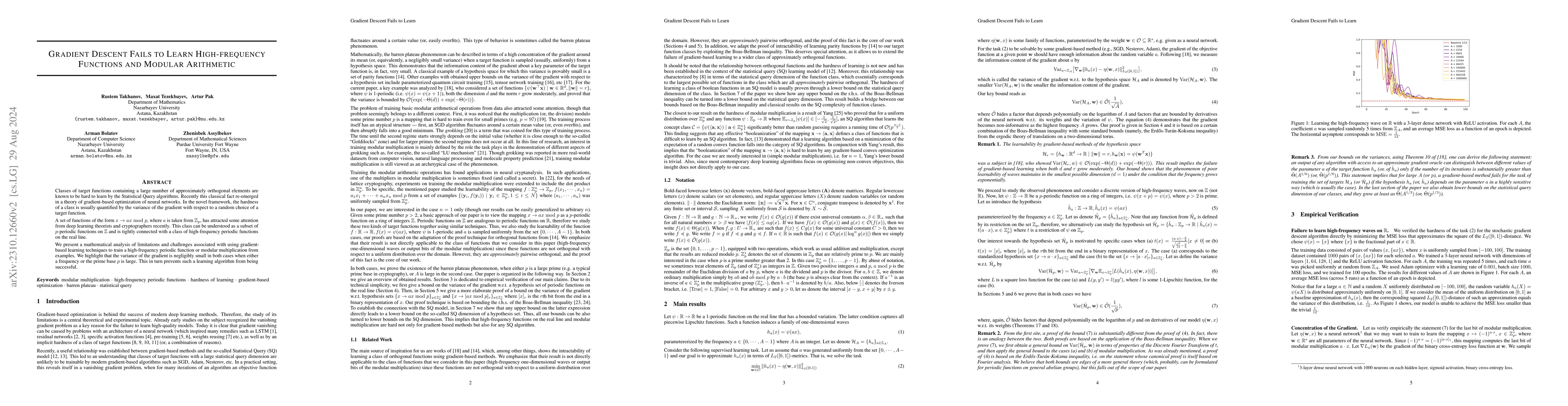 Thumbnail for Gradient Descent Fails to Learn High-frequency Functions and Modular
  Arithmetic