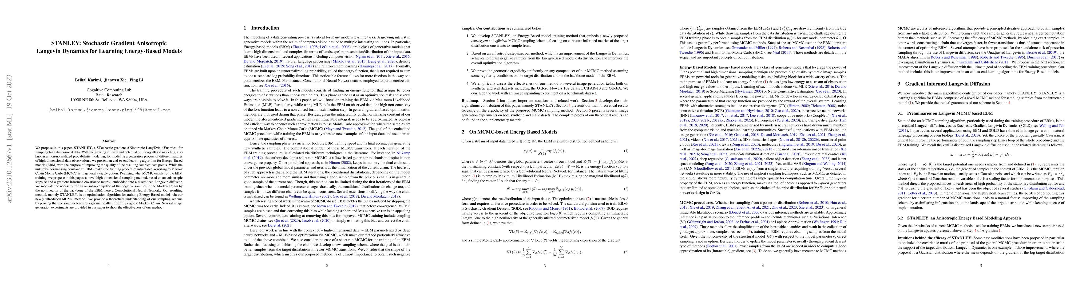 Thumbnail for STANLEY: Stochastic Gradient Anisotropic Langevin Dynamics for Learning
  Energy-Based Models