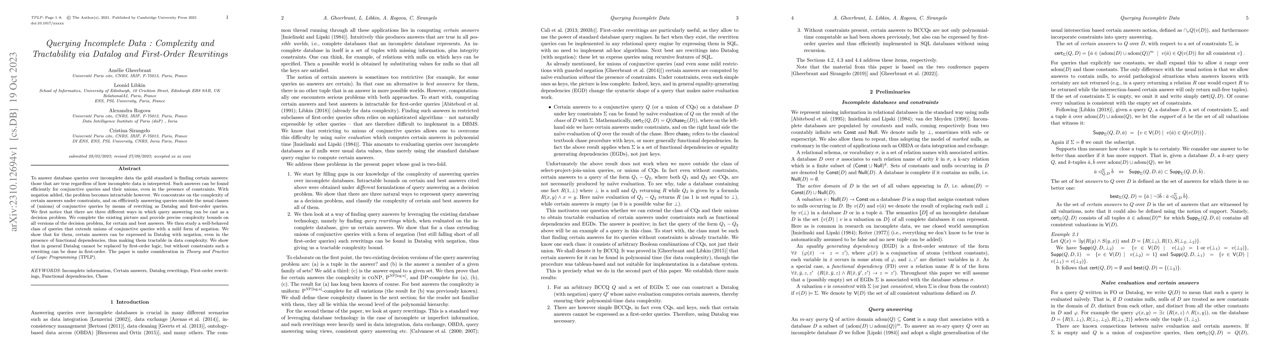 Thumbnail for Querying Incomplete Data : Complexity and Tractability via Datalog and
  First-Order Rewritings