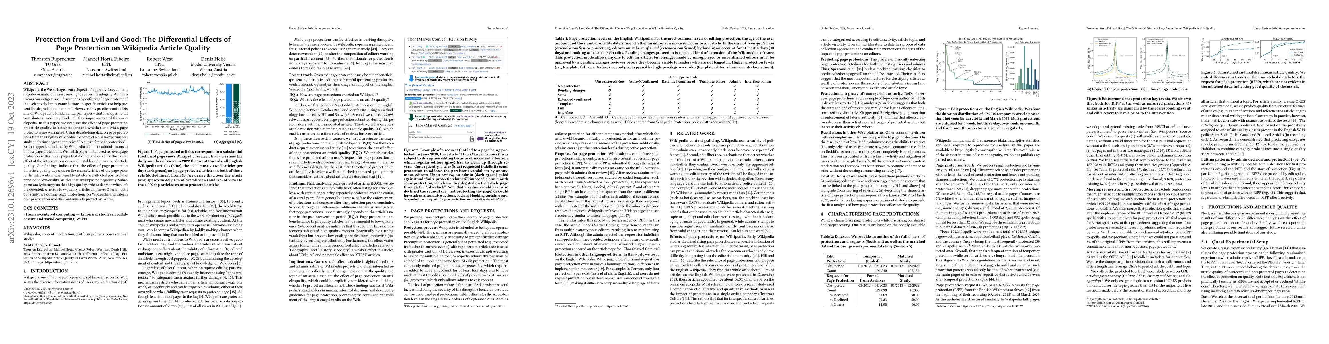 Thumbnail for Protection from Evil and Good: The Differential Effects of Page
  Protection on Wikipedia Article Quality