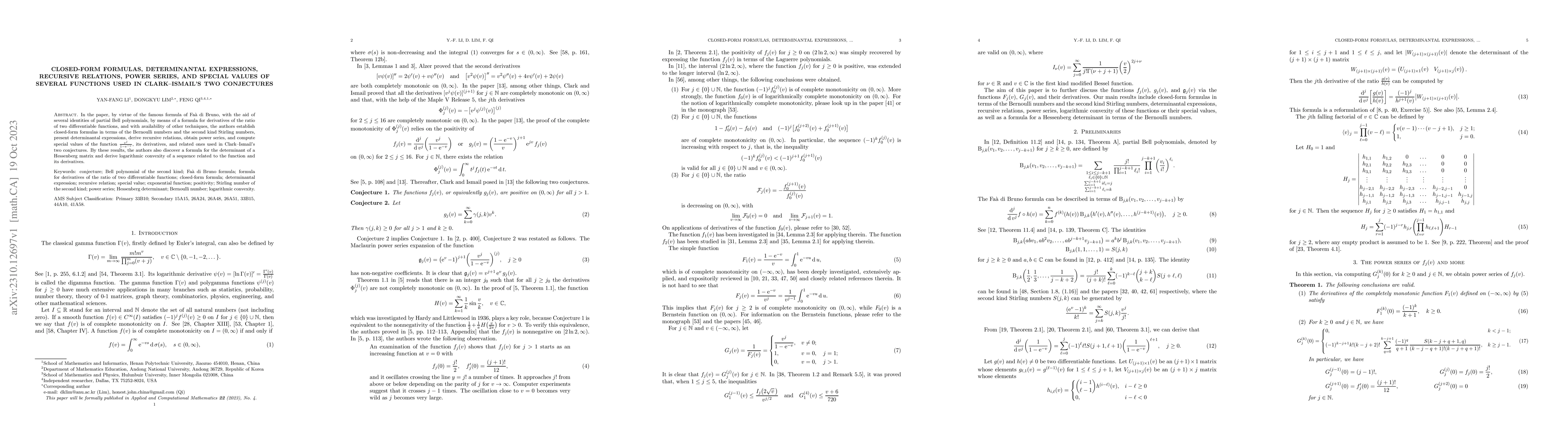 Thumbnail for Closed-form formulas, determinantal expressions, recursive relations,
  power series, and special values of several functions used in Clark--Ismail's
  two conjectures