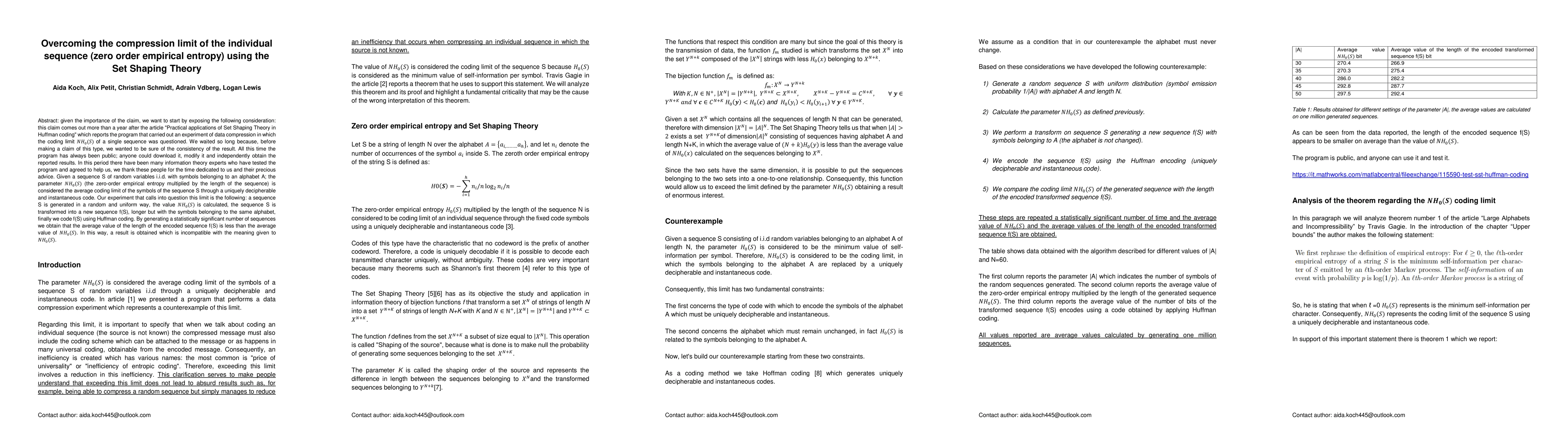 Thumbnail for Overcoming the compression limit of the individualsequence (zero order
  empirical entropy) using the Set Shaping Theory