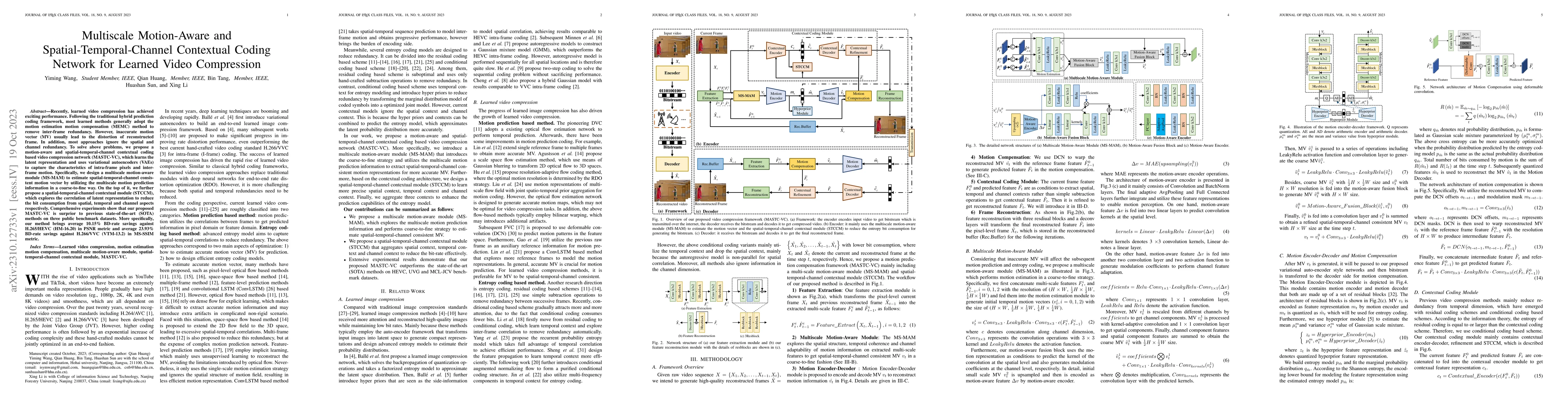 Thumbnail for Multiscale Motion-Aware and Spatial-Temporal-Channel Contextual Coding
  Network for Learned Video Compression