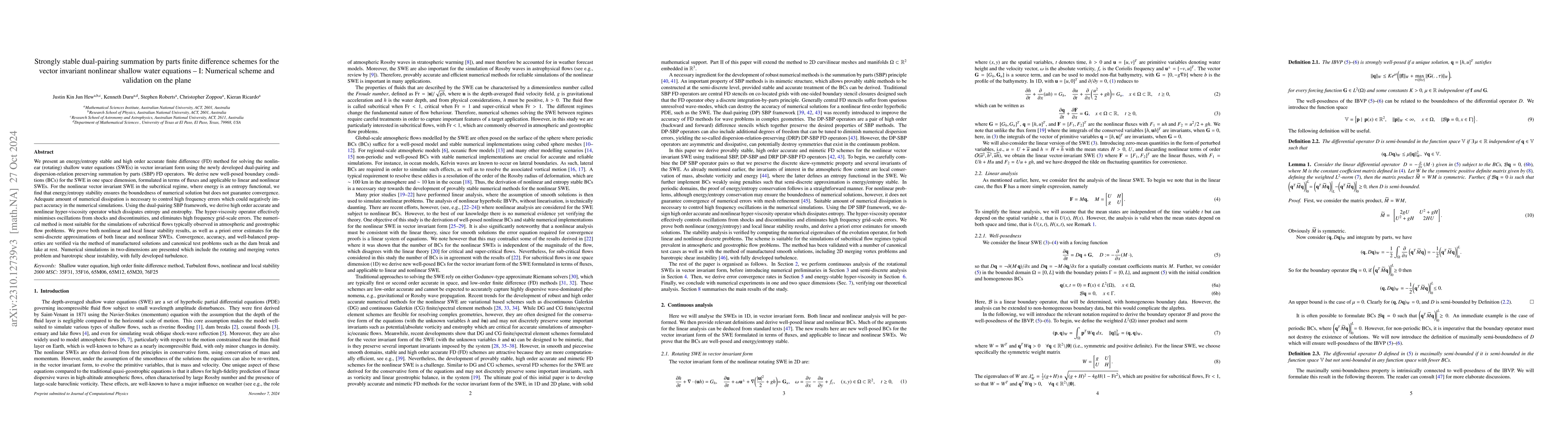 Thumbnail for Strongly stable dual-pairing summation by parts finite difference
  schemes for the vector invariant nonlinear shallow water equations -- I:
  Numerical scheme and validation on the plane