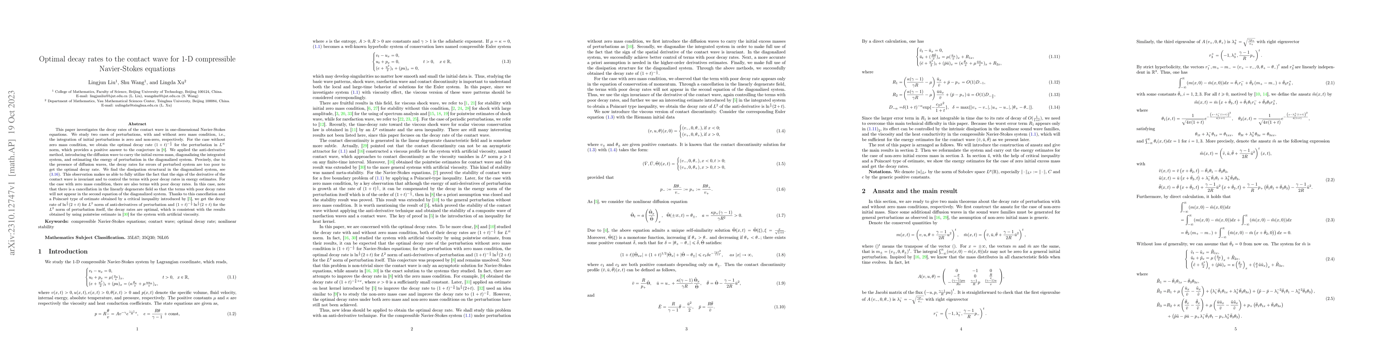 Thumbnail for Optimal decay rates to the contact wave for 1-D compressible
  Navier-Stokes equations