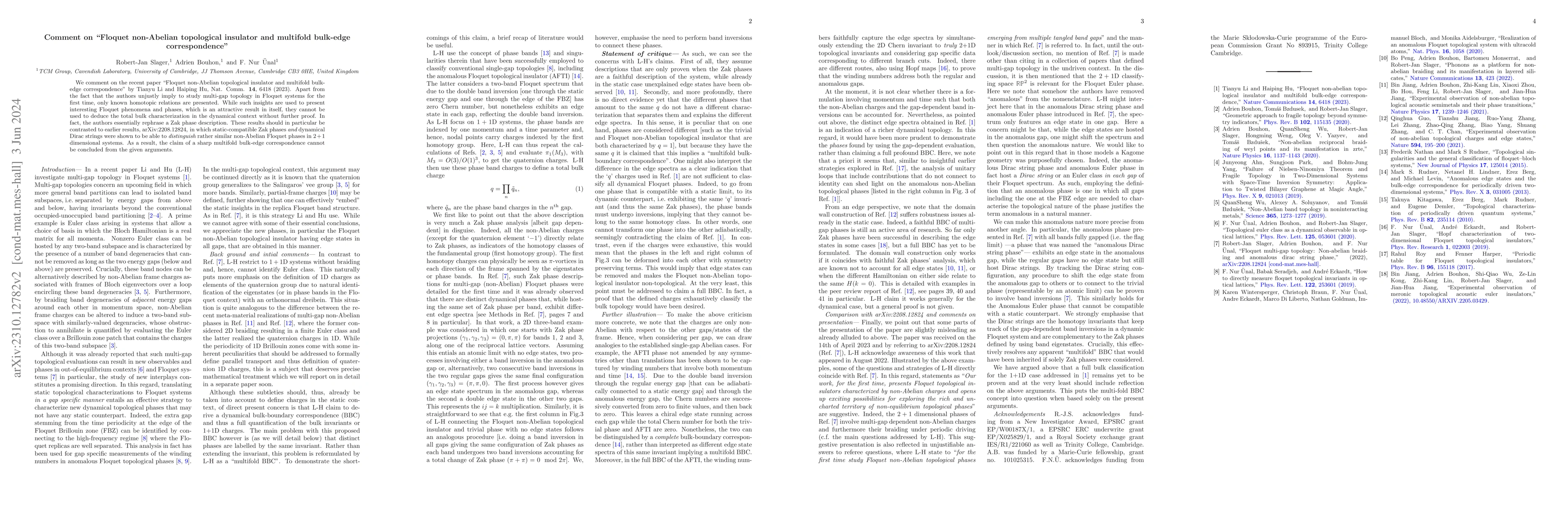 Thumbnail for Comment on "Floquet non-Abelian topological insulator and multifold
  bulk-edge correspondence"