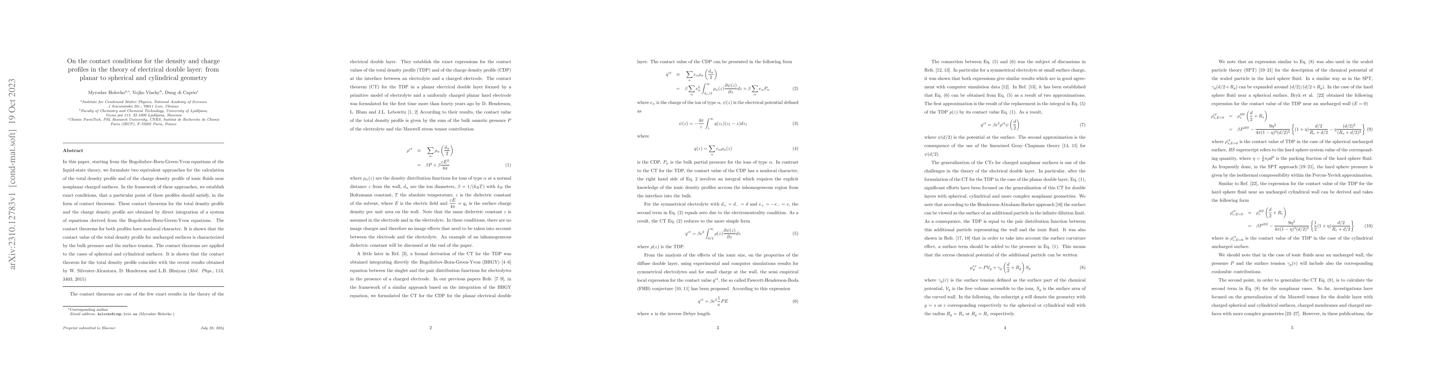 Thumbnail for On the contact conditions for the density and charge profiles in the
  theory of electrical double layer: From planar to spherical and cylindrical
  geometry