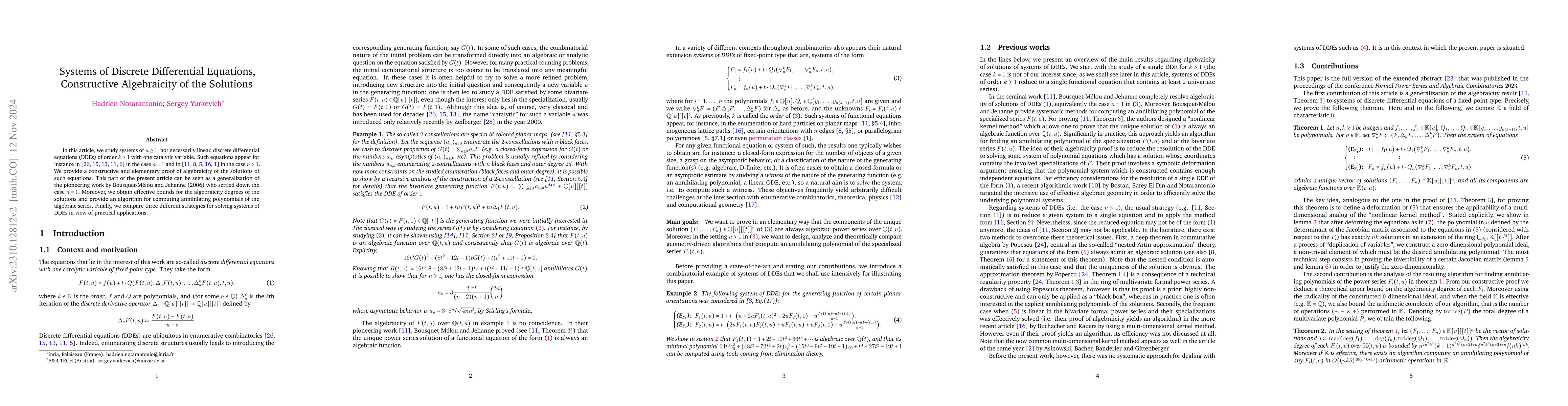 Thumbnail for Systems of Discrete Differential Equations, Constructive Algebraicity of
  the Solutions