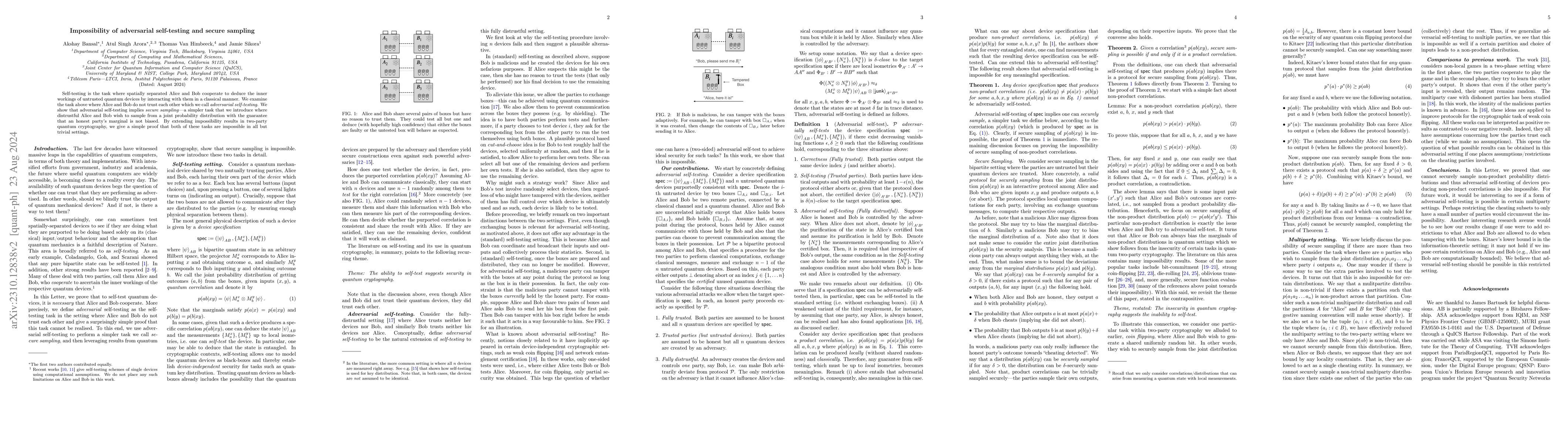 Thumbnail for Impossibility of adversarial self-testing and secure sampling