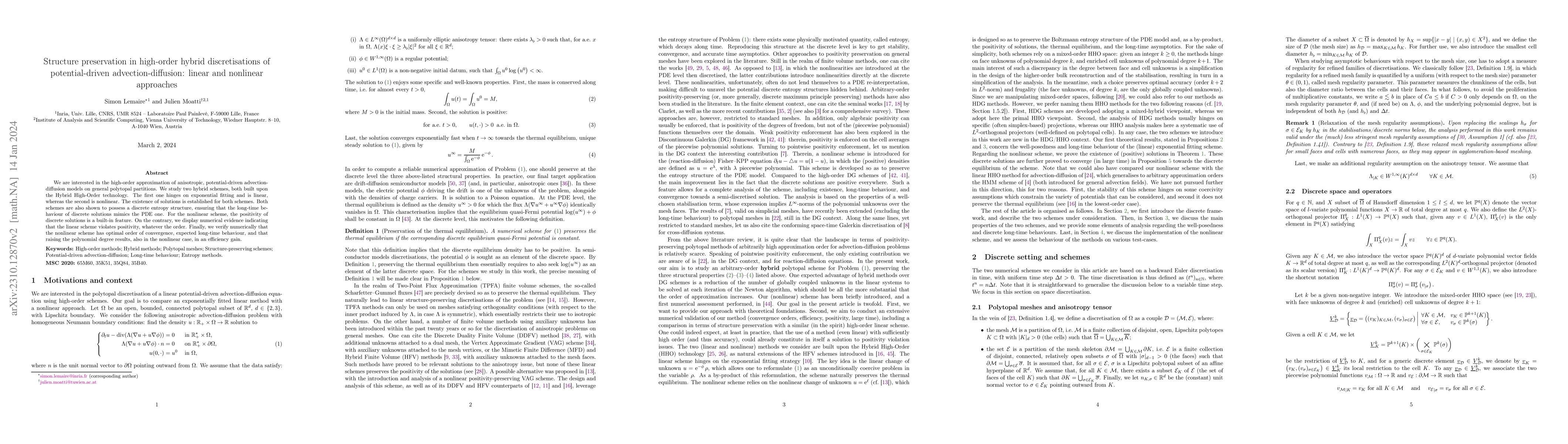 Thumbnail for Structure preservation in high-order hybrid discretisations of
  potential-driven advection-diffusion: linear and nonlinear approaches