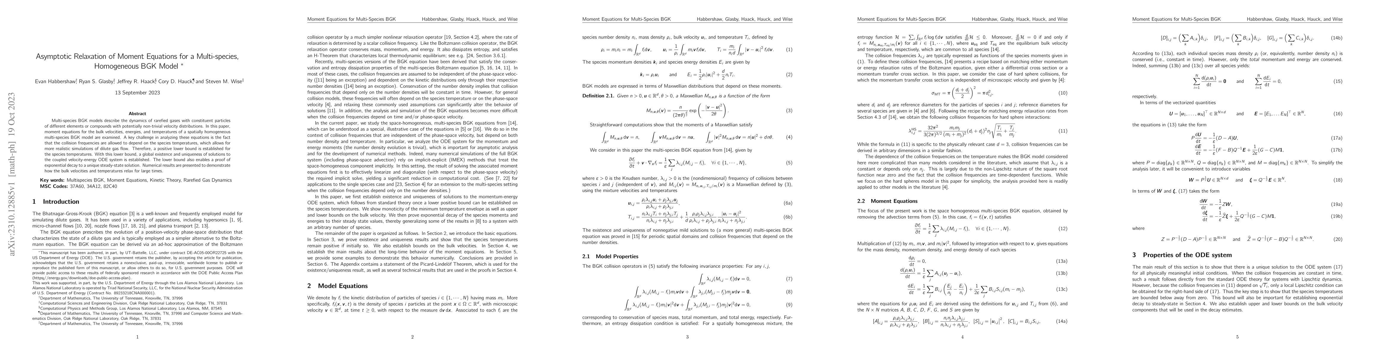 Thumbnail for Asymptotic Relaxation of Moment Equations for a Multi-Species,
  Homogeneous BGK Model