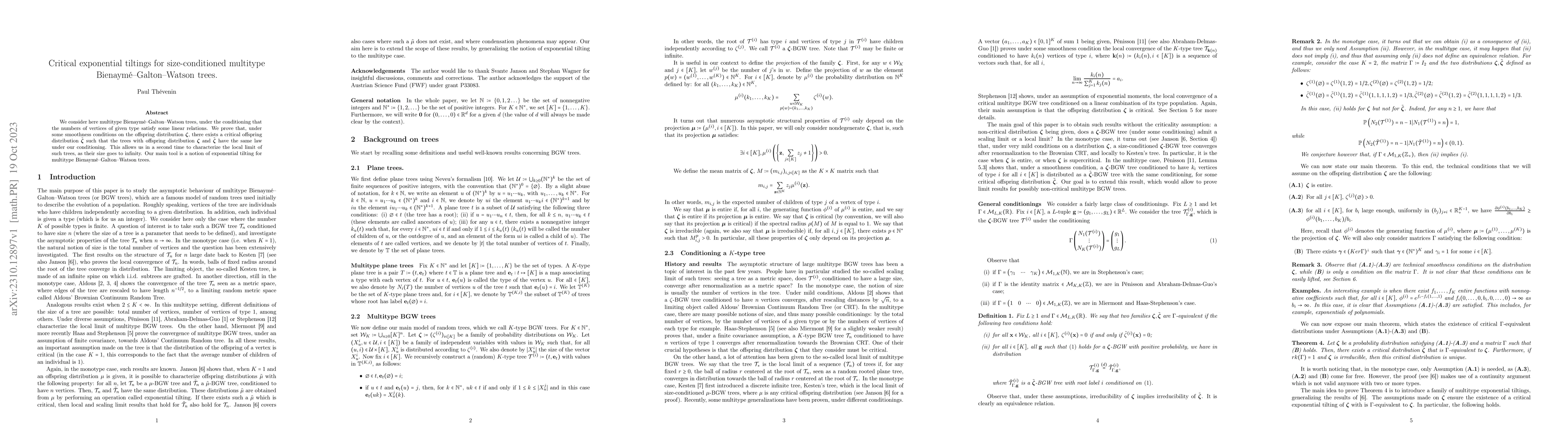 Thumbnail for Critical exponential tiltings for size-conditioned multitype
  Bienaym\'e--Galton--Watson trees