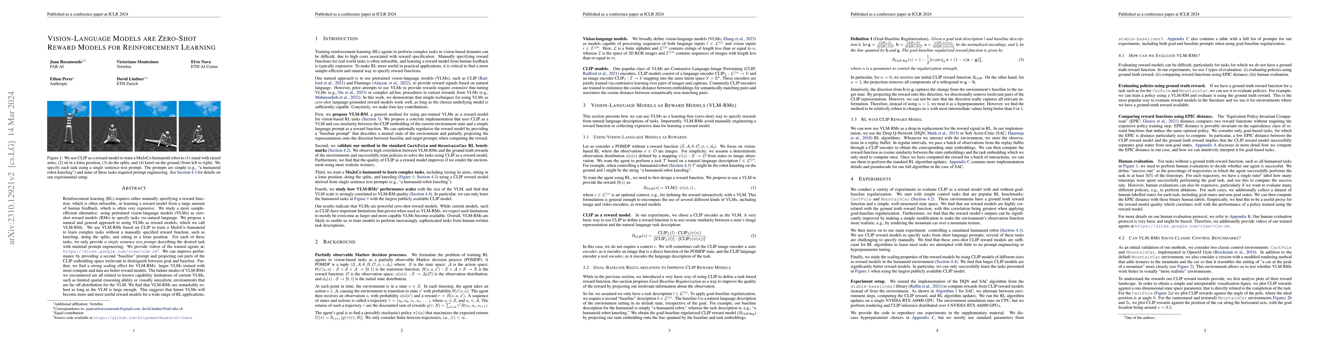 Thumbnail for Vision-Language Models are Zero-Shot Reward Models for Reinforcement
  Learning