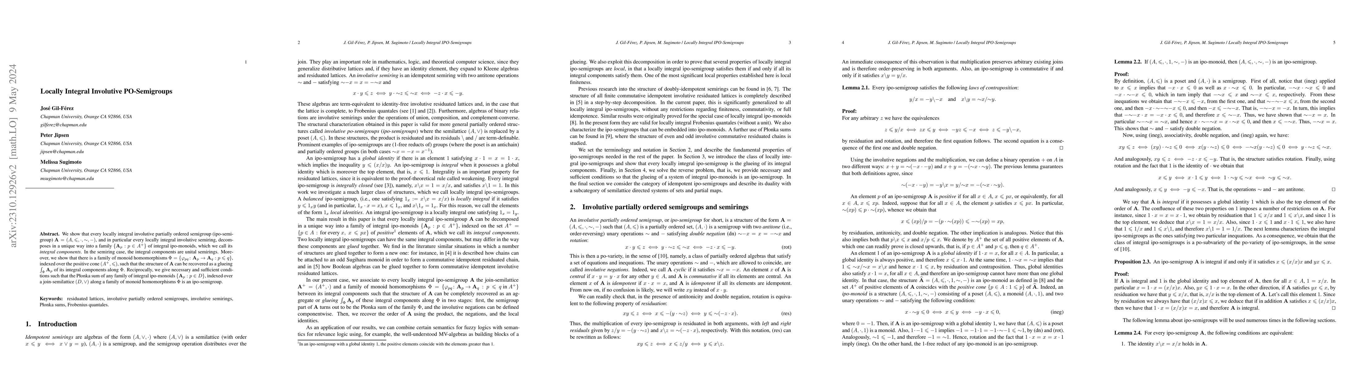 Thumbnail for Locally Integral Involutive PO-Semigroups
