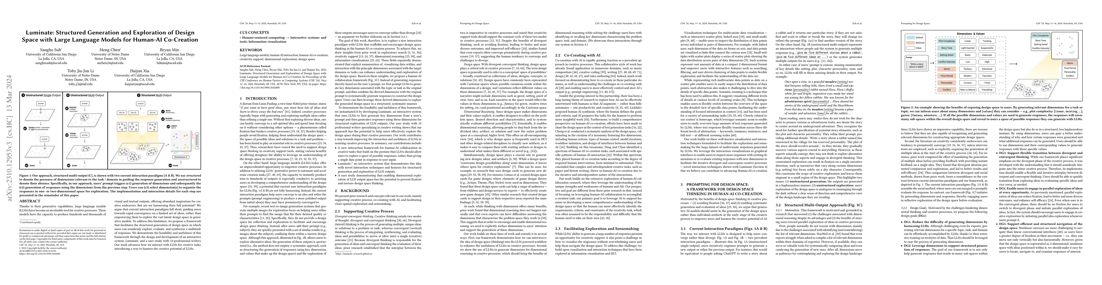 Thumbnail for Luminate: Structured Generation and Exploration of Design Space with
  Large Language Models for Human-AI Co-Creation