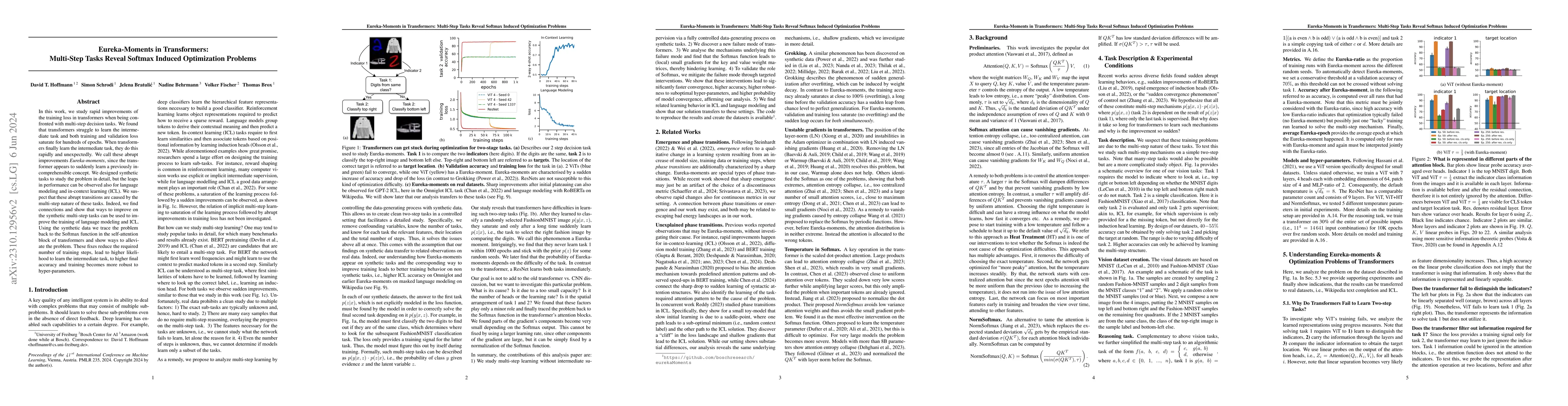 Thumbnail for Eureka-Moments in Transformers: Multi-Step Tasks Reveal Softmax Induced
  Optimization Problems