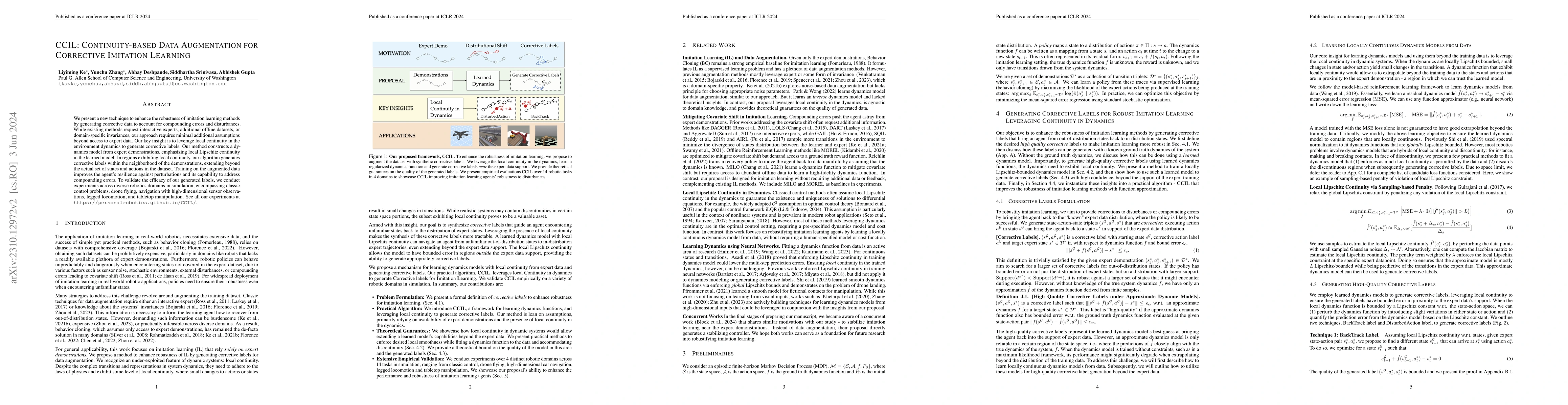 Thumbnail for CCIL: Continuity-based Data Augmentation for Corrective Imitation
  Learning