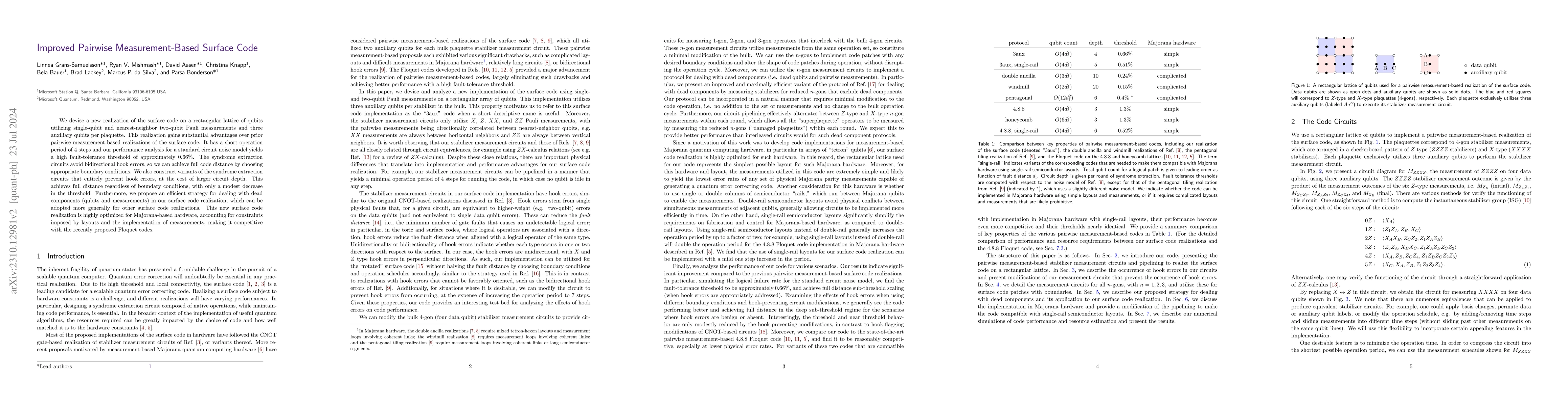 Thumbnail for Improved Pairwise Measurement-Based Surface Code