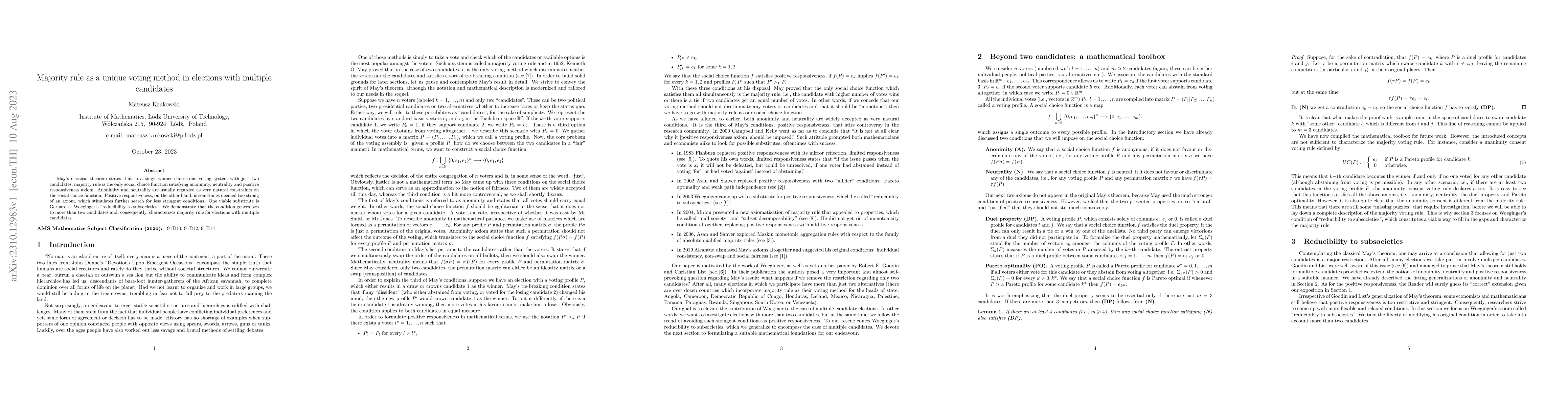 Thumbnail for Majority rule as a unique voting method in elections with multiple
  candidates