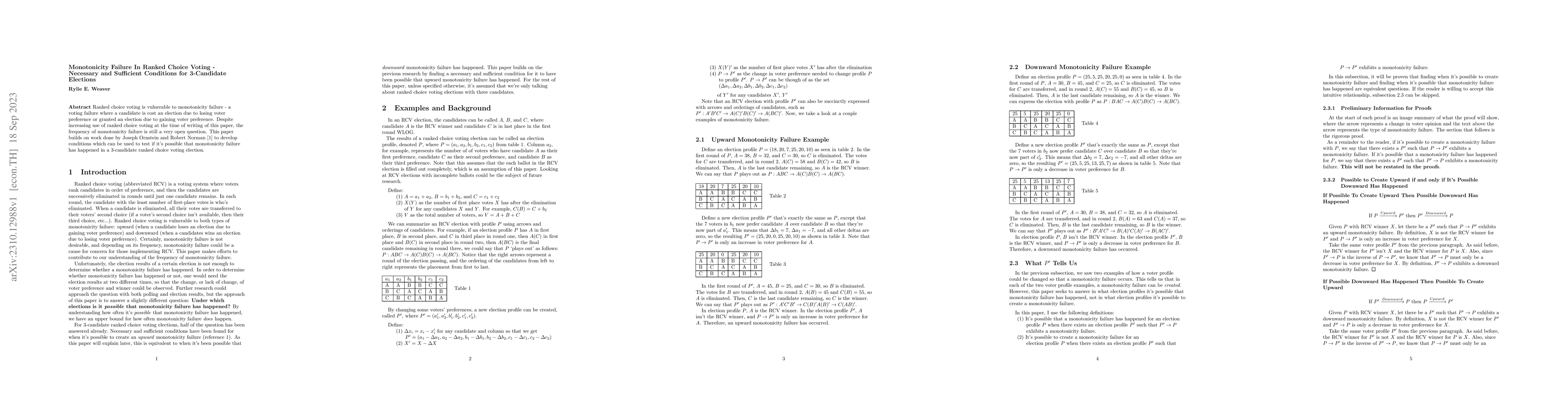 Thumbnail for Monotonicity Failure in Ranked Choice Voting -- Necessary and Sufficient
  Conditions for 3-Candidate Elections