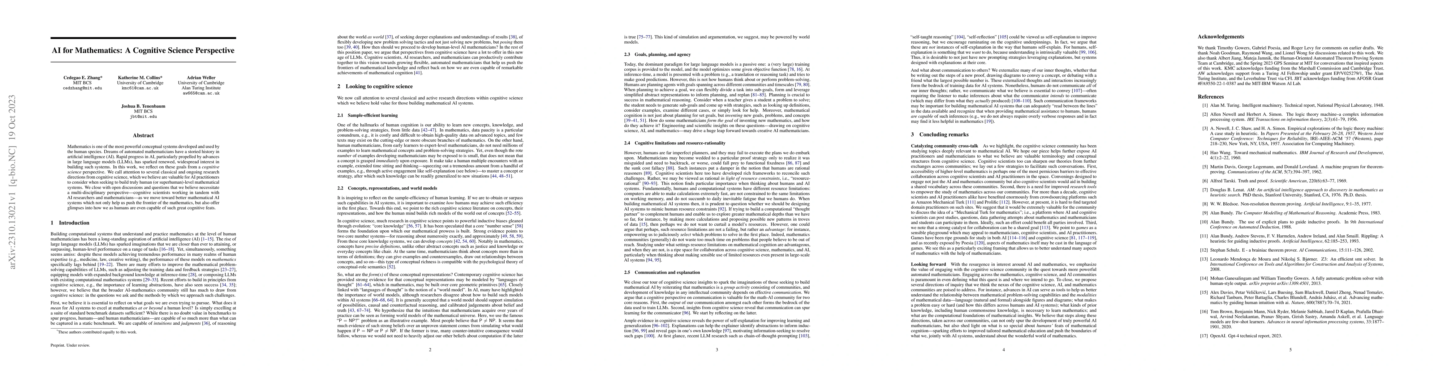 Thumbnail for AI for Mathematics: A Cognitive Science Perspective