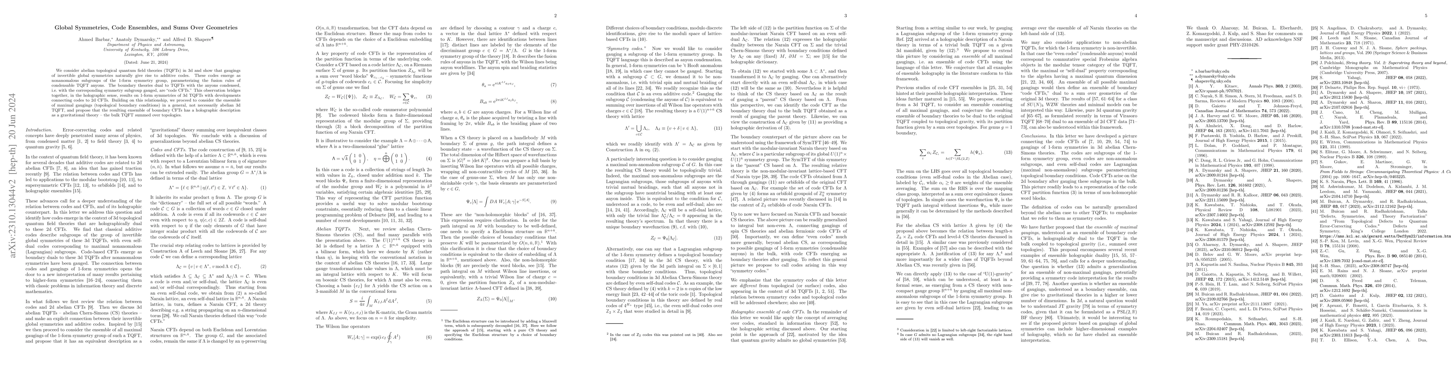 Thumbnail for Global Symmetries, Code Ensembles, and Sums Over Geometries