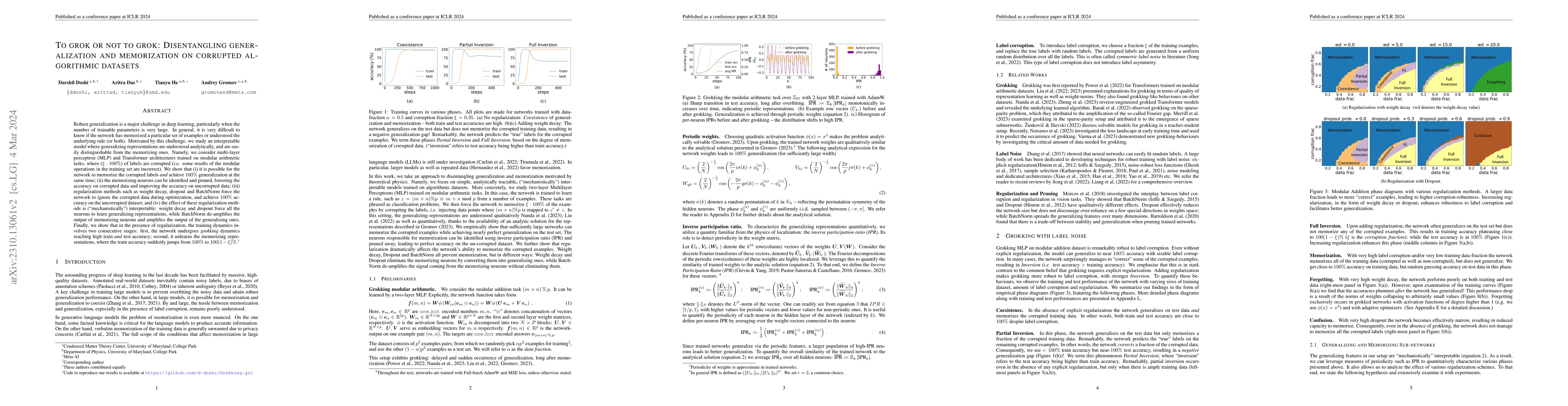 Thumbnail for To grok or not to grok: Disentangling generalization and memorization on
  corrupted algorithmic datasets
