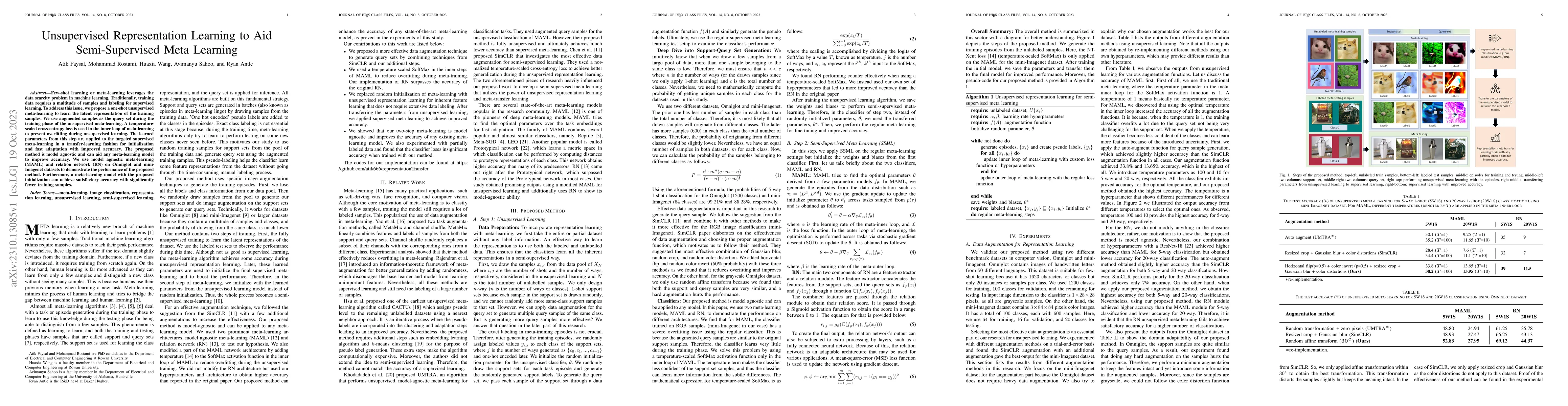 Thumbnail for Unsupervised Representation Learning to Aid Semi-Supervised Meta
  Learning