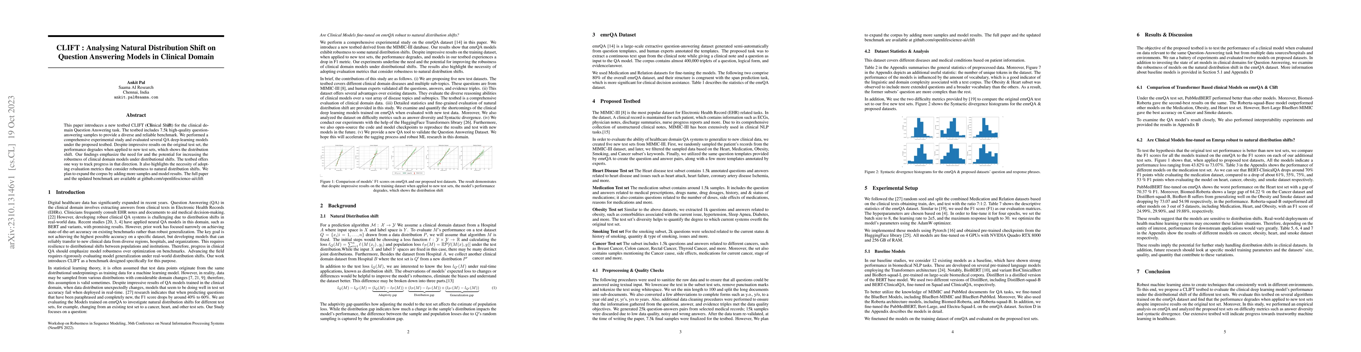 Thumbnail for CLIFT: Analysing Natural Distribution Shift on Question Answering Models
  in Clinical Domain