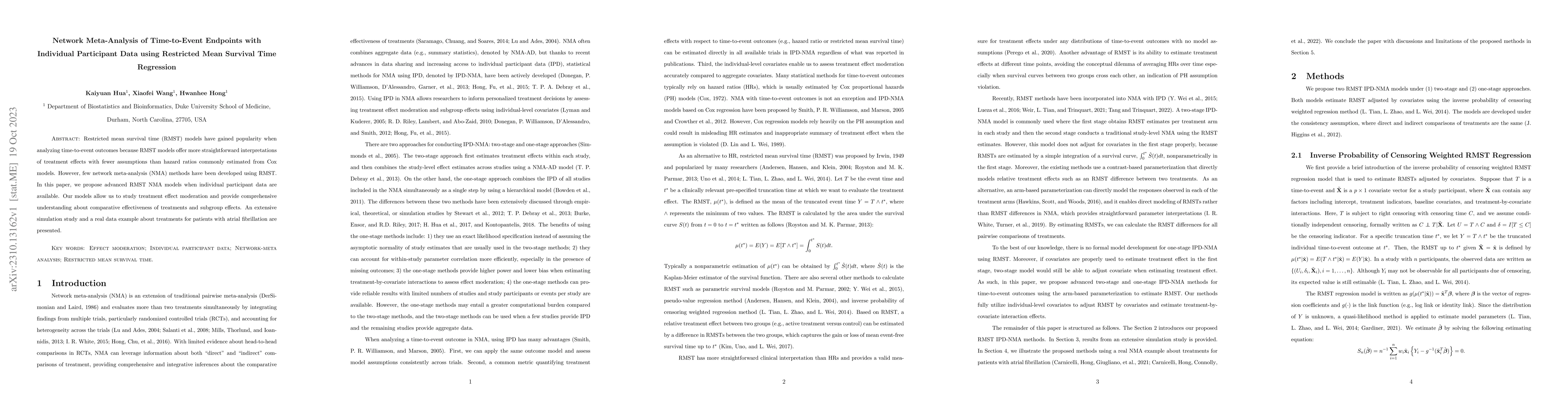 Thumbnail for Network Meta-Analysis of Time-to-Event Endpoints with Individual
  Participant Data using Restricted Mean Survival Time Regression