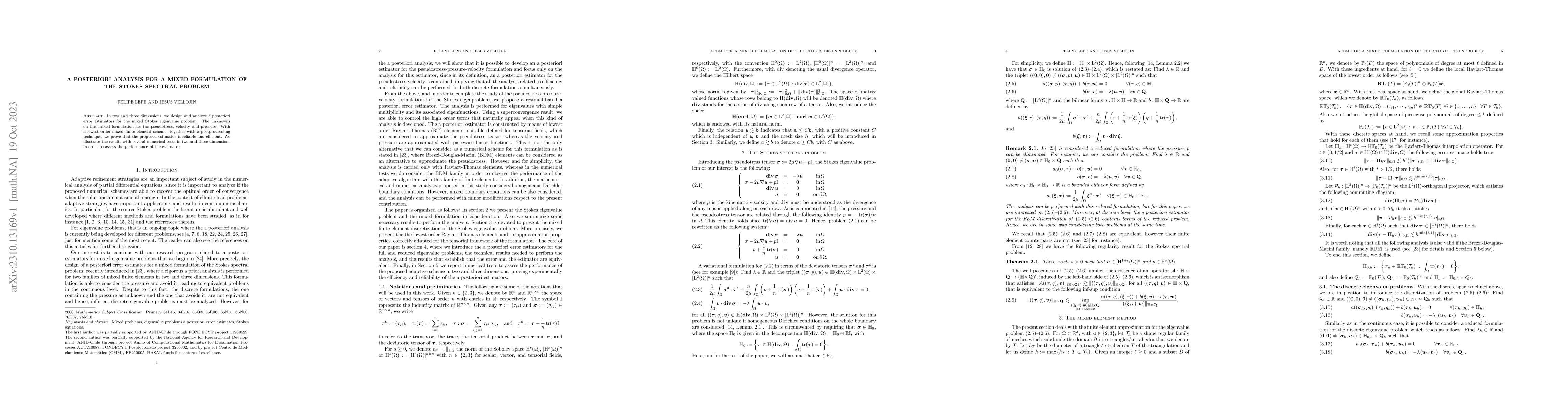 Thumbnail for A posteriori analysis for a mixed formulation of the Stokes spectral
  problem